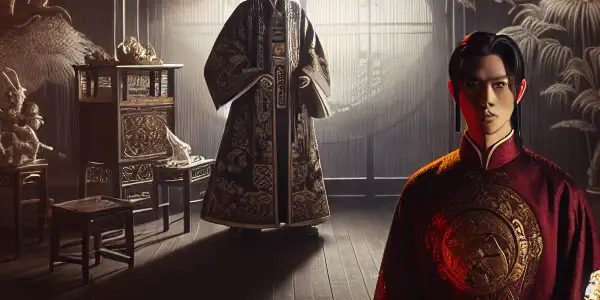 A vintage cinema scene featuring Xu Jinjiang in Qing Dynasty attire, evoking classic Hong Kong film themes.