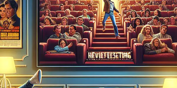 Cozy living room with a person enjoying a movie on a large TV, surrounded by popcorn and film memorabilia.