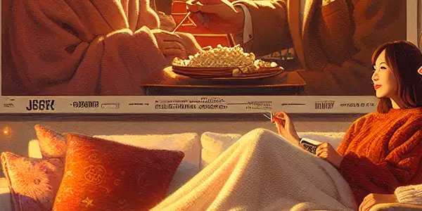 A cozy home theater scene with a couple watching a romantic movie, surrounded by snacks and warm lighting.