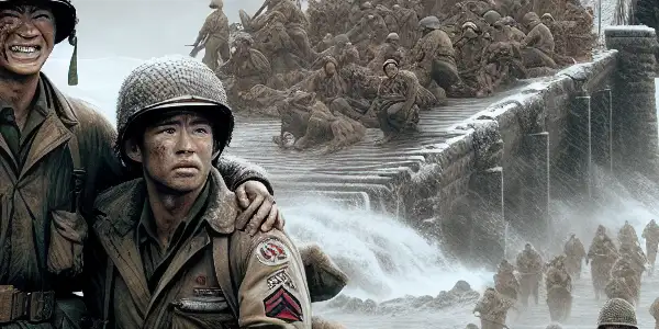 Chinese soldiers defend a snow-covered bridge in a tense Korean War scene, showcasing bravery and camaraderie.