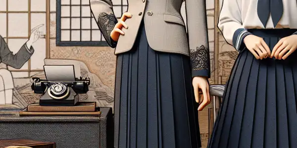 Two models in alluring Japanese AV costumes pose in a stylish, intimate room with traditional decor.