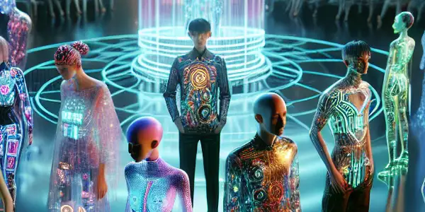 A vibrant, neon-lit sci-fi scene featuring diverse models in futuristic, color-changing outfits and transparent bodysuits.