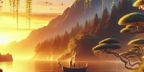 A serene Japanese forest at dusk with a beach, a couple enjoying nature, and hints of traditional motifs.