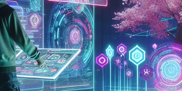 A futuristic online platform showcasing Japanese adult films with a user interacting with a holographic interface.