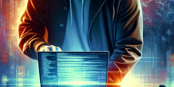 A determined 郭富城 confronts cybercrime in a neon-lit, futuristic cityscape, holding a laptop amidst swirling digital elements.